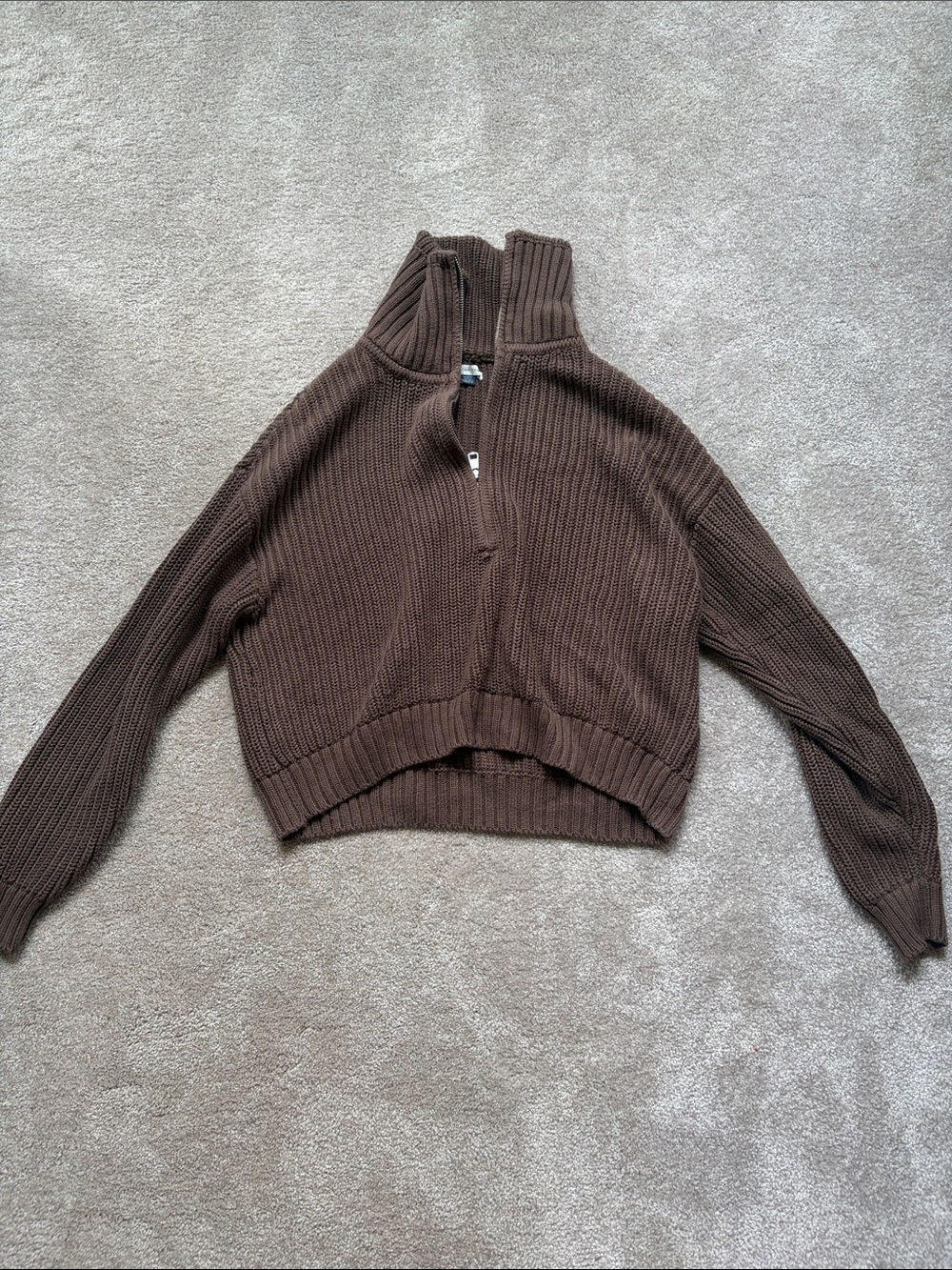 American Eagle Outfitters Brown Ribbed Half-Zip Cropped Sweater